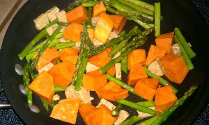 sweet potato, tempeh, asparagus
